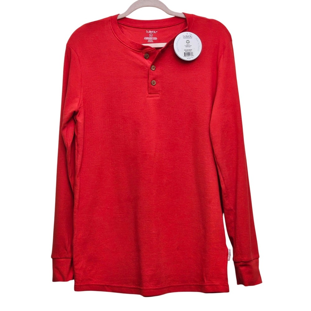 butterblu Henley Shirt Mens Medium Red‎ Organic Cotton Waffle Knit Long Sleeve